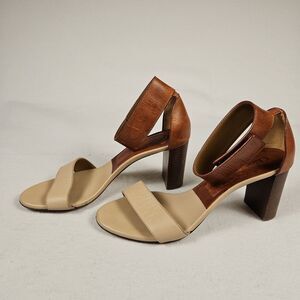 Chloe Gala Sandals 37.5 Block Heels Open Toe Ankle Strap Brown Nude Designer 7.5